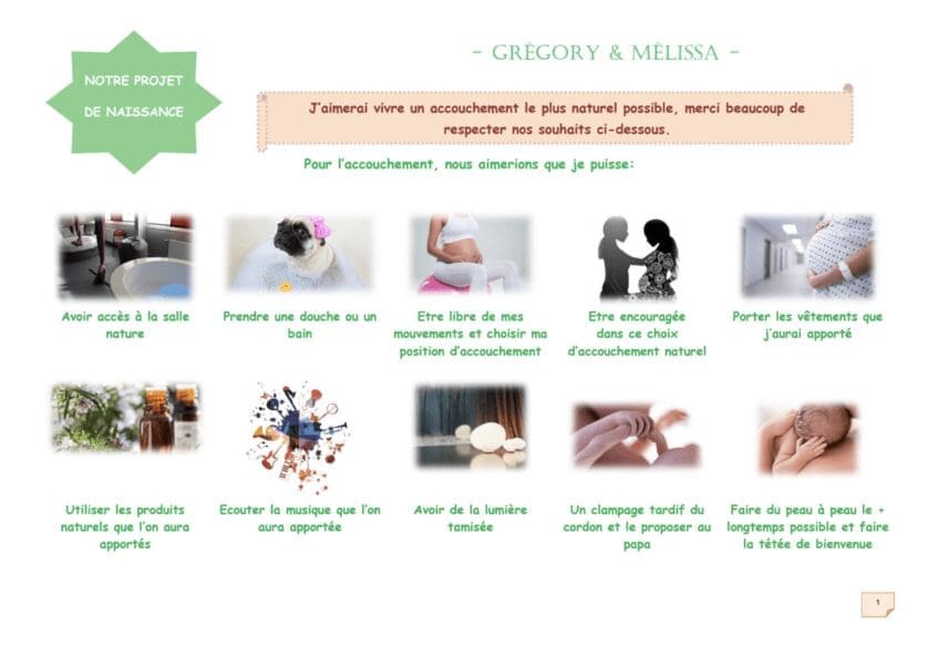 Exemple de projet de naissance visuel créé pour un accouchement à la maternité.
